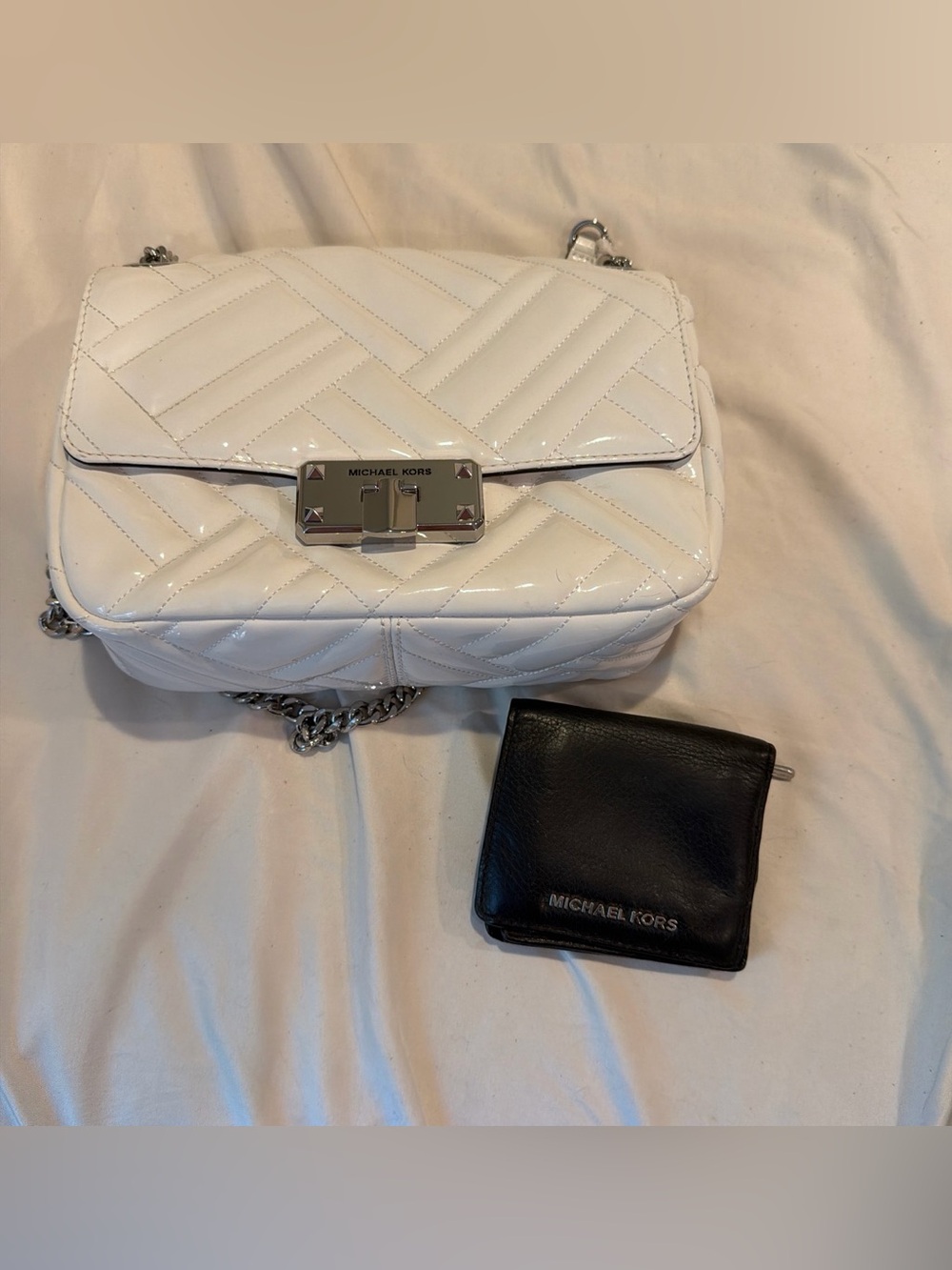 Michael Kors White Quilted Patent Shoulder Bag with Silver Hardware